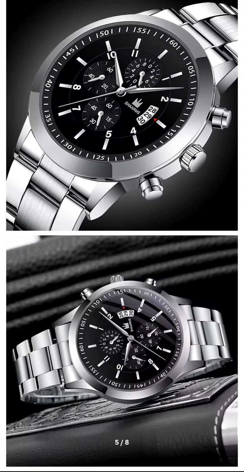 2pcs Luxury Mens Silver gold and black Quartz Watch With Stainless Steel Bracelet Men