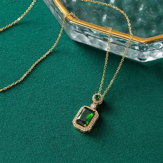 3Pcs Emerald Crystal Titanium Steel Necklace Earring High-end Design Jewelry Set