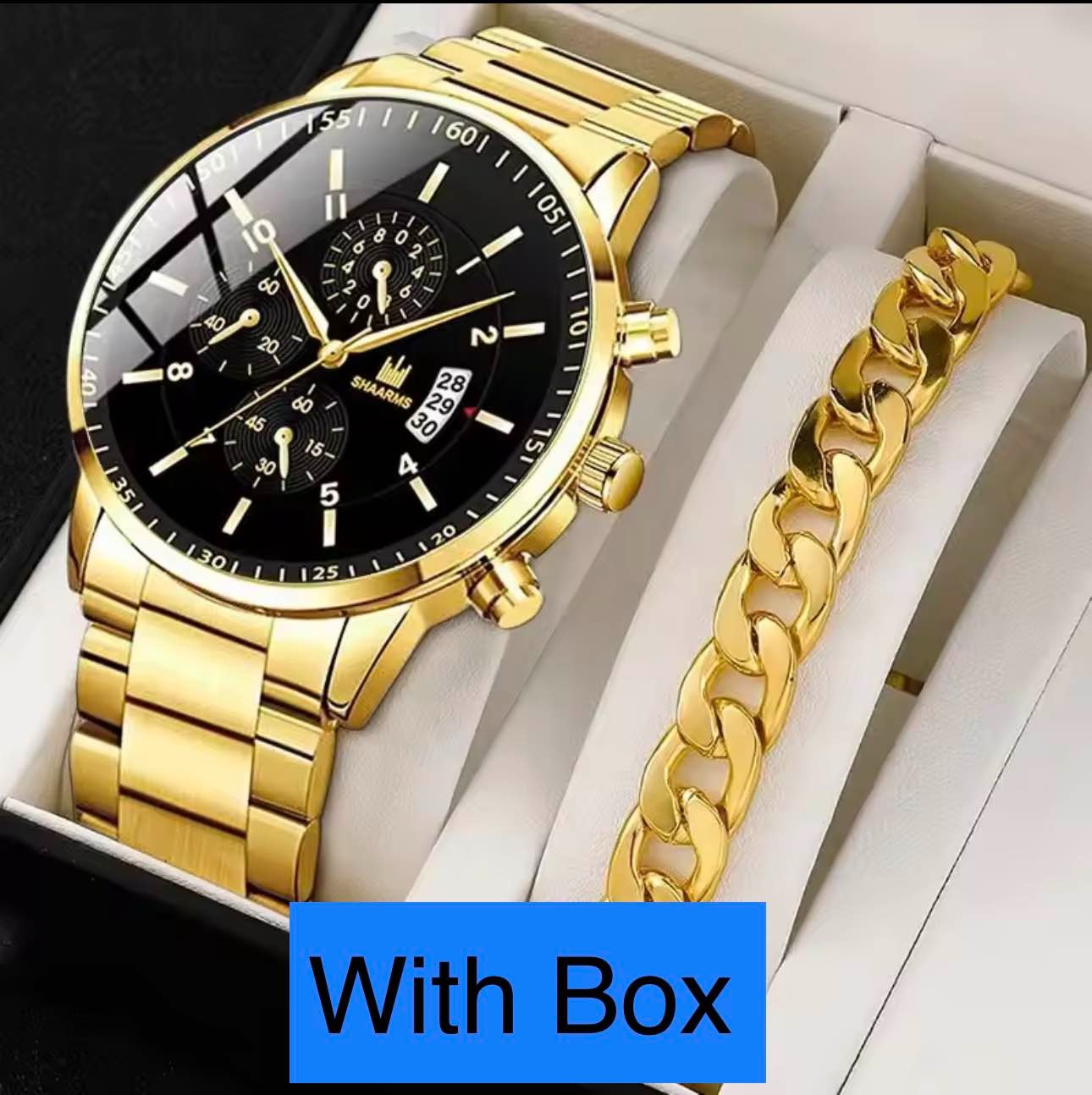 2pcs Luxury Mens Silver gold and black Quartz Watch With Stainless Steel Bracelet Men