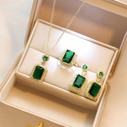 3Pcs Emerald Crystal Titanium Steel Necklace Earring High-end Design Jewelry Set